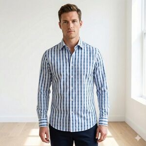 Bugatchi Uomo blue striped premium cotton shaped fit shirt - Medium (16 / 34–35)